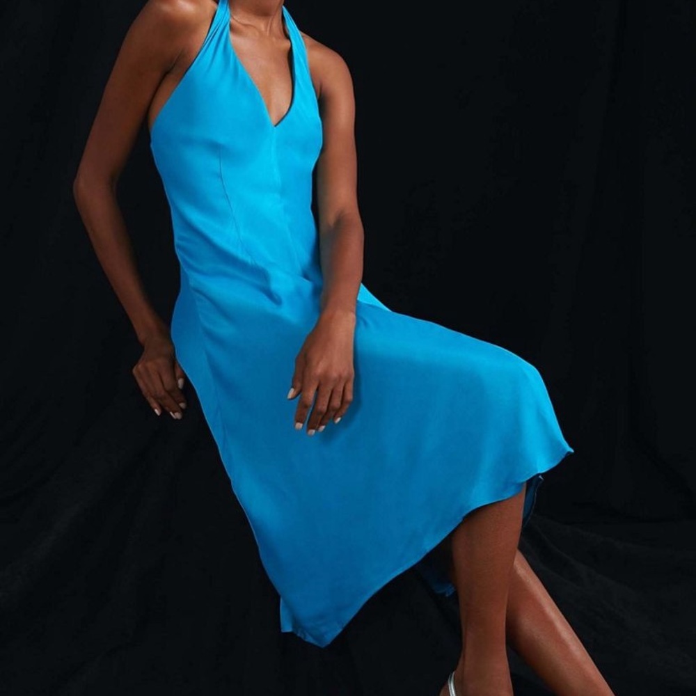 Anthropologie Let Me Be V-Neck Halter Slip Midi Dress in Bright Blue
